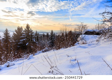 Cold snowy winter wonderland in the hills of the franconian Jura Region of Germany. Sweet Solitude. Cold and Lonely Landscape. Fantastic Light