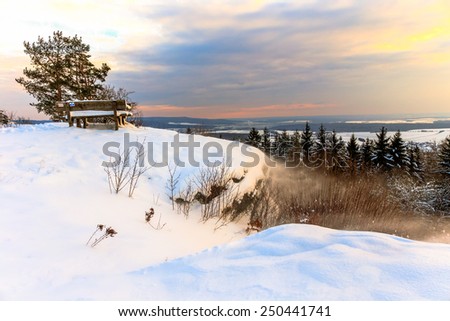 Cold snowy winter wonderland in the hills of the franconian Jura Region of Germany. Sweet Solitude. Cold and Lonely Landscape. Fantastic Light