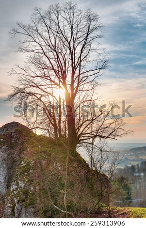 Early Spring Landscape Scene. Old jurassic Coastal Rocks from the prehistoric ocean in Bavaria, Germany, today part of the franconian swiss. Barren Landscape and Lovely Sunset