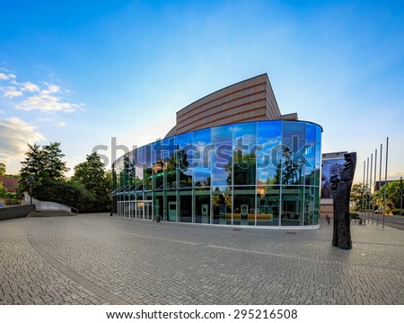 BAMBERG, GERMANY - JULY 09 2015: Bamberg City Concert Hall. Music Hall on a warm summer evening. Modern Auditorium