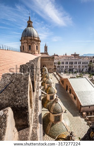 PALERMO, ITALY: SEPTEMBER 13 2015: Palermo City on the island of Sicily, Italy from the roof of the Cathedral on a hot September day. Mediterranean atmosphere. Attractive Travel and Tourism Location