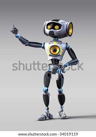 Funny robot posing on light gray background