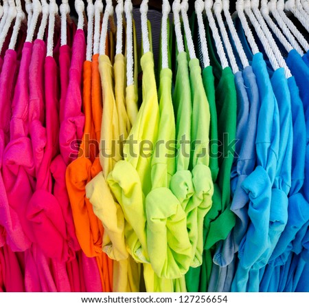 Colorful t-shirt on hangers Colorful t-shirt on hangers