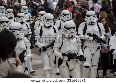 MALAGA, SPAIN - OCTOBER 24: People of 501st Legion, official costuming organization, take part in the Star Wars Parade wearing perfectly accurate costumes on OCTOBER 24, 2015 in MALAGA.