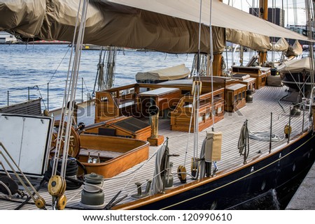 The deck of a vintage sailing yacht that was commissioned in the early 1900\'s