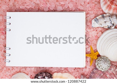 notebook over pink bath salt and seashells background