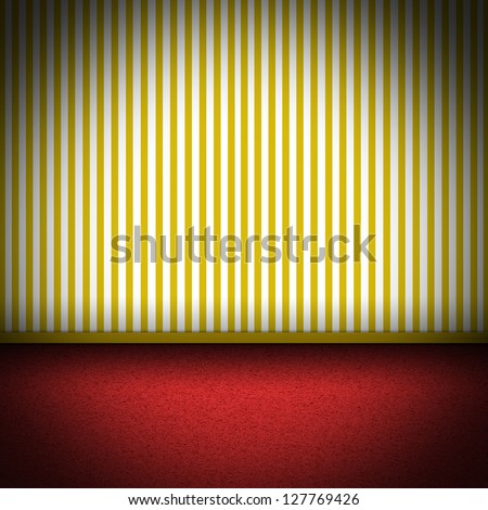 Illustration of a room with red carpet floor and yellow striped wallpaper