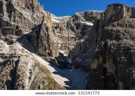 Rock wall in the high mountains in sunny weather in South Tirol