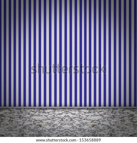 Empty room with marble floor and purple striped blue wallpaper
