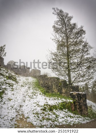Image of ruin Hohenfreyberg on a winter day with mist and mystical mood