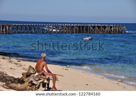 Old man and the sea- old man sitting on a fallen tree by the beach looking far across the wooden pier to the the horizon