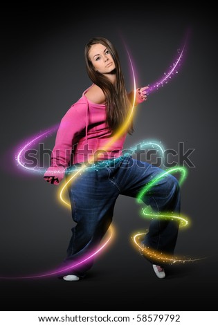 Dancing young girl with color lines effect