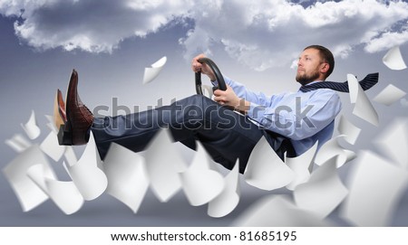 Business driver fly through the expanding white paper on the background of clouds, concept idea