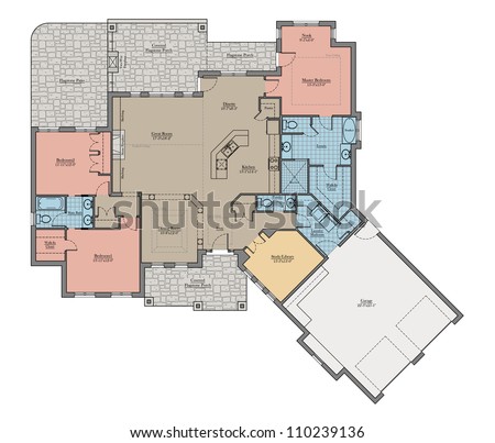 Large Bungalow Floor Plan Colored With Room Names Stock Photo ...