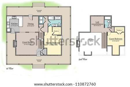 Country House Floor Plan with Color Landscape and Room Names - stock ...