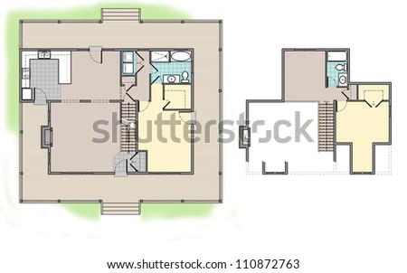 Country House Floor Plan with Color and Landscape