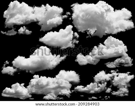 Set of isolated clouds over black. Design elements