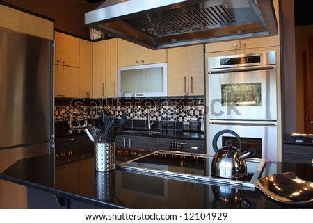 Modern Kitchen with stainless steel appliances and beautiful granite counters and tile back splash.