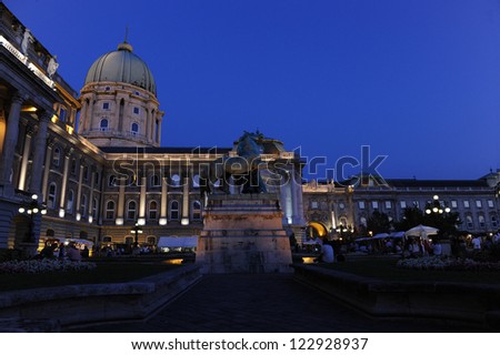 Buda castle dark, blue lights, illuminated (Royal Palace) Budapest, Hungary