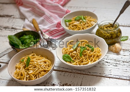 Italian pasta. Spaghetti Pasta with Pesto Sauce, Parmesan Cheese and Basil on a Fork. Isolated Background