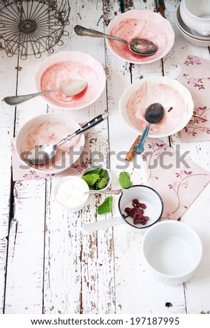 empty plate, fruit soup ran out, wash the dishes - ate