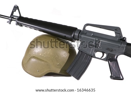 Bullet proof Kevlar helmet with a rifle on a white background