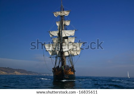 HMS Surprise Sailing Ship at Sea under full sail