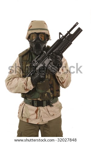 gas mask soldier. full uniform with gas mask
