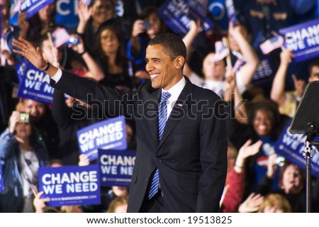 NEW MEXICO - OCTOBER 25: U.S. Presidential candidate, Barack Obama, gestures as he greets supporters at his presidential rally at the University of New Mexico on October 25, 2008 in Albuquerque, New Mexico.