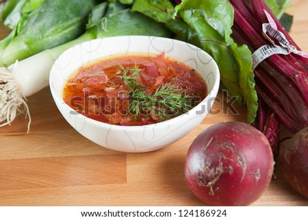 Single serving of vegetarian borscht soup.