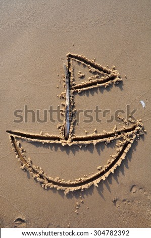 The boat yacht drawn on sand background. Beach background. Top view