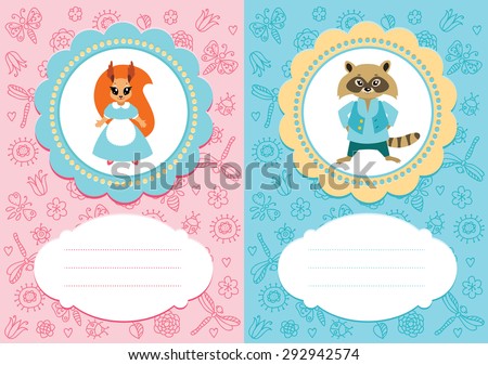 Baby-girl and baby-boy cards with cute little animals: squirrel and raccoon. Some blank space for your text included.