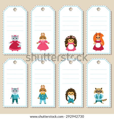 Gift tags with cute cartoon dressed up animals: cats, rabbits, hedgehogs, squirrel and raccoon. Some blank space for your text included.