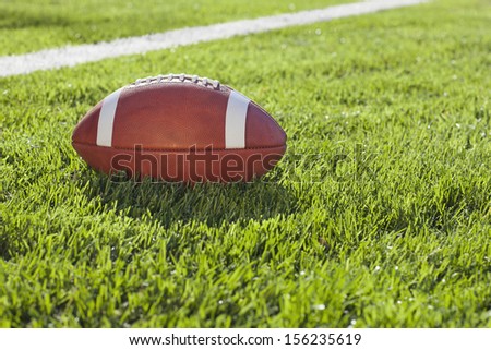 An official college football sits on a grass field in afternoon sunlight