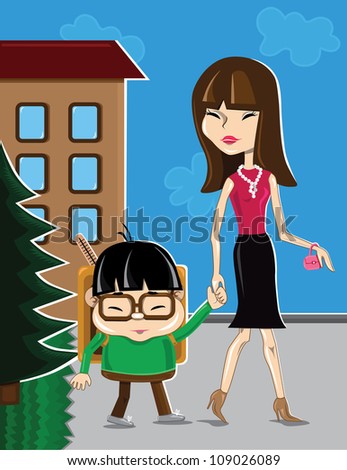 A fashionable, attractive young Asian woman picks up her son from school.