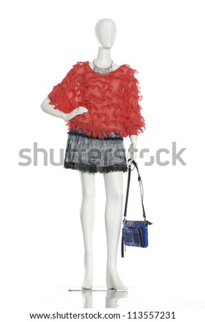 full length female mannequins in red clothes with bag on white background