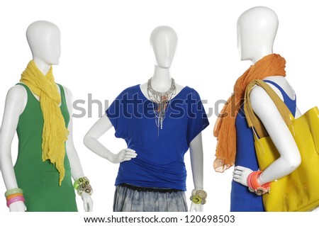 three mannequin -female colorful dress with bag ,scarf, bracelet,