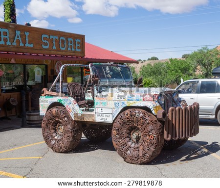 Moab,  Utah/US - MAY 17,2015; The Jeep is covered in license plates and built with old tools, nuts, bolts and random parts