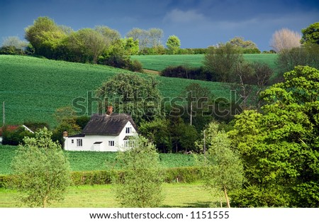 Old thatched cottage, rolling farmland, dappled sunlight.  English thatched cottage.  Focus is on cottage.