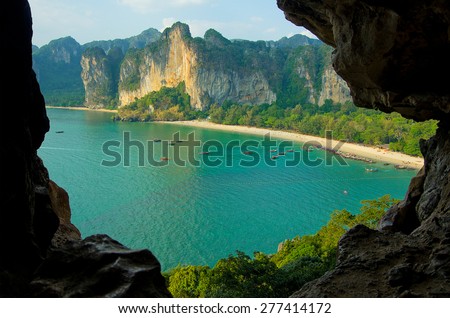 Railay Bay, beach and boats - view from the bird\'s-eye view in Krabi, Thailand