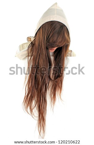 girl with hidden face with long brown hair isolated on the white