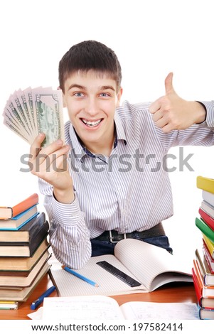 Happy Student with a Money at the School Desk on the white background