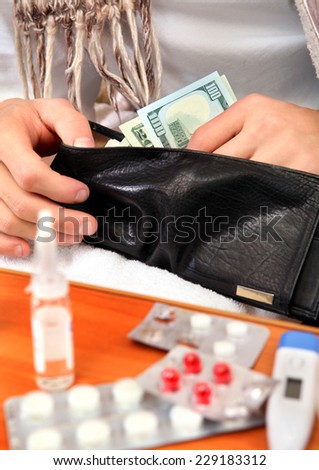 Sick Person checking the Wallet with the Pills on foreground closeup