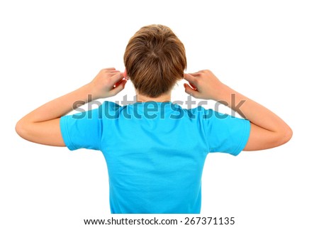 Rear view of Teenager with covered Ears Isolated on the White Background