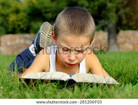 Little Kid read the Book on the Summer Meadow