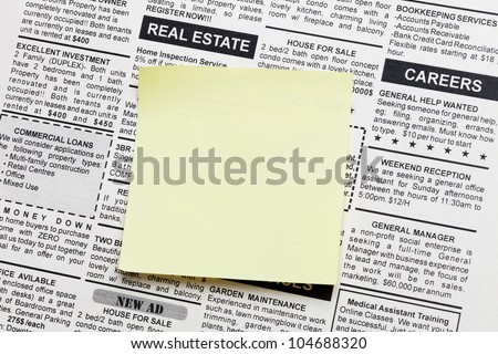 Fake Classified Ad, newspaper and sticky note