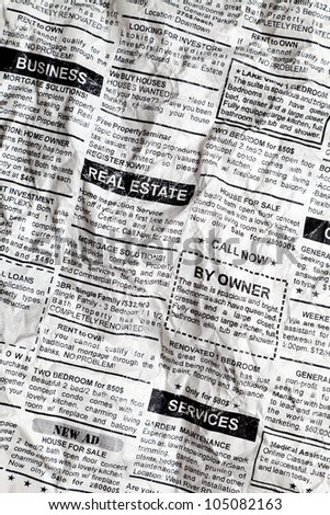 Fake Classified Ad, Crumpled; Newspaper, business concept.
