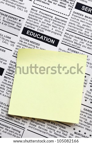 Fake Classified Ad, newspaper and sticky note