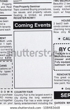 Fake Classified Ad, newspaper, Coming Events concept.