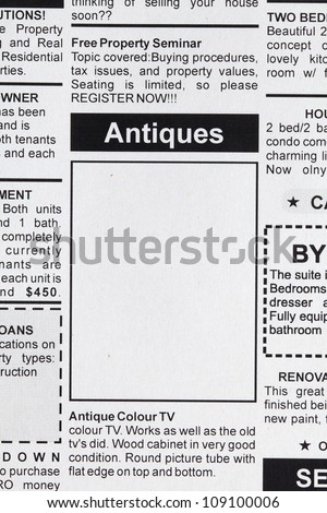 Fake Classified Ad, newspaper, Antiques Sale concept.